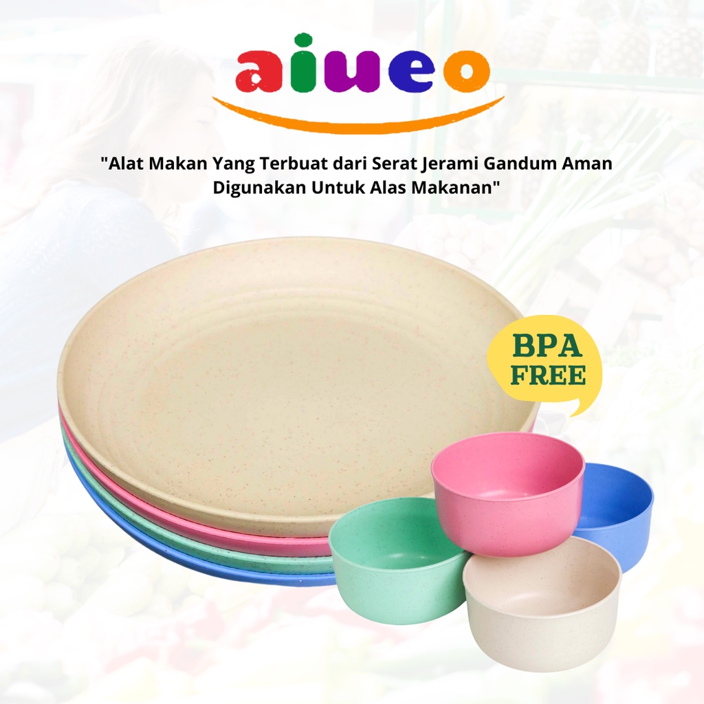 ISI 4-5 Piring Makan Plastik Mangkok Mie Instan | AIUEO Piring Makan Set 19.5cm Free Mangkok Set Wheat Straw Aesthetic Estetik Plastik