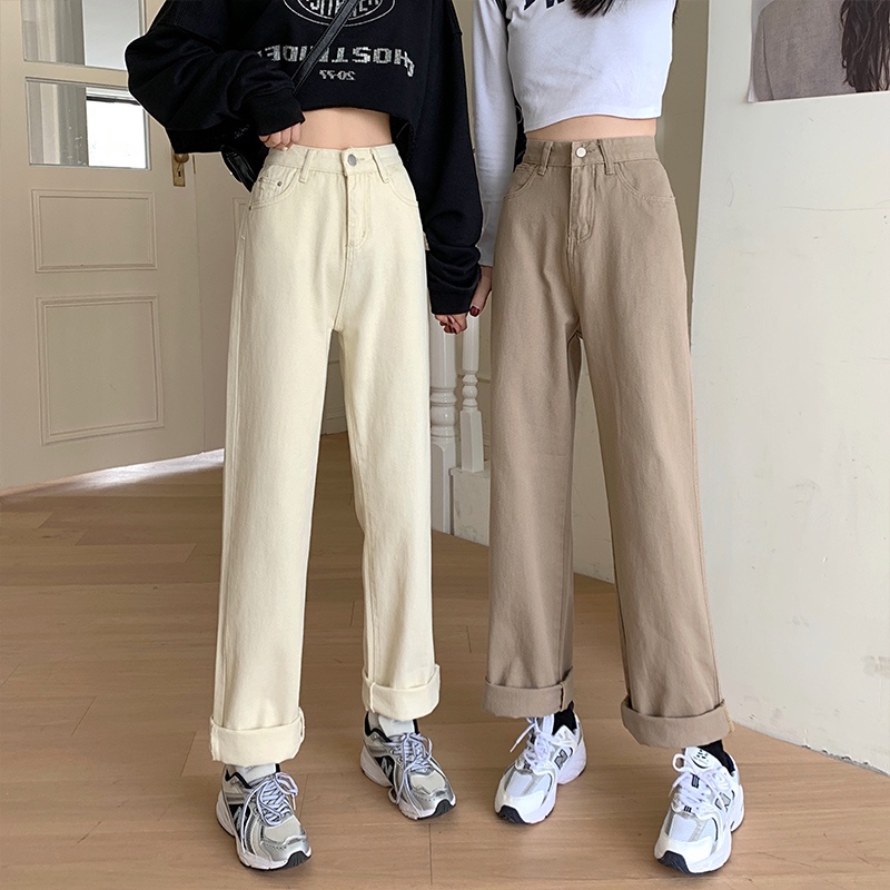 Krem / Khaki / Hitam/Birumuda Highwaist Loose Celana Jeans Wanita Celana Kulot Jeans Kulot 【THE GOOD SISTERS】