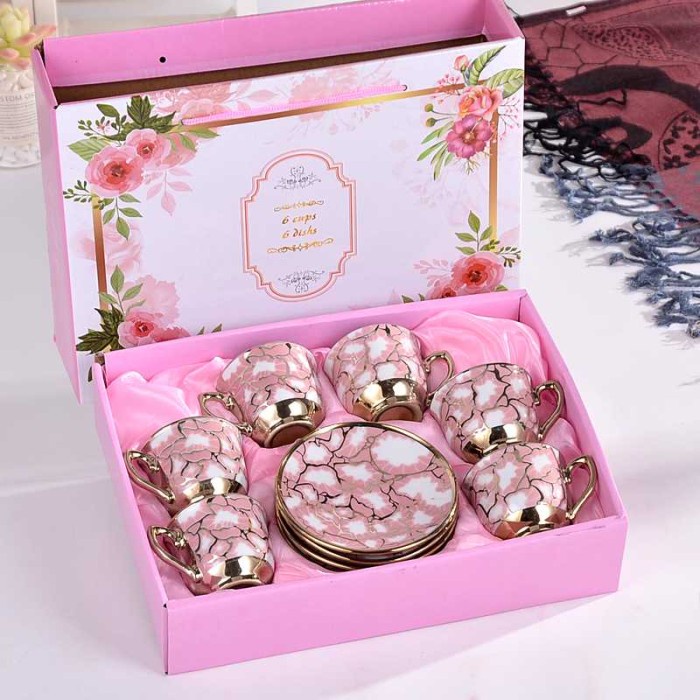 

(COD) Hampers Parcel Kado Pernikahan Cangkir Keramik Set 6 Motif Marmer Emas - Pink