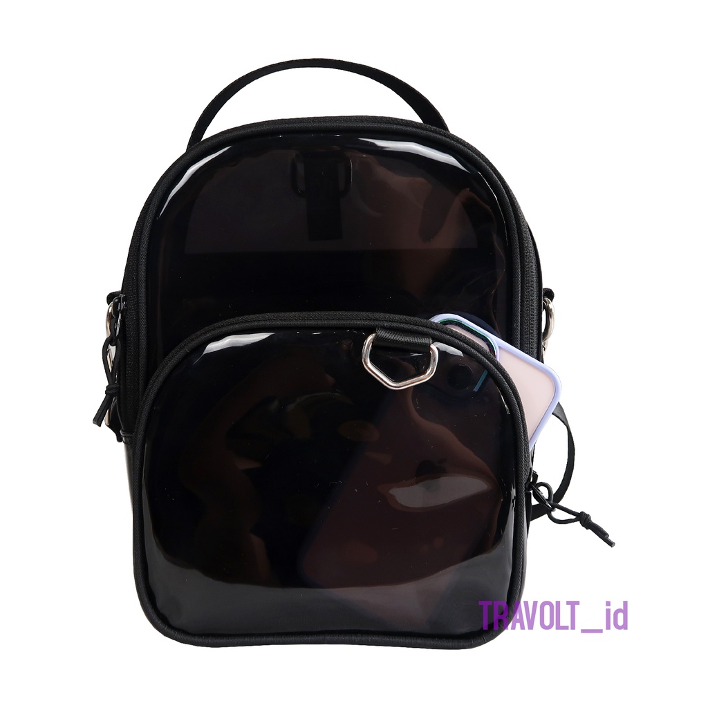 Premium Sling Bag 3in 1 - Travolt - 6 Warna Tas PVC Selempang ransel Transparan - Tas PVC Mika tebal  - Tas Konser KPOP - Daew-Hitam Full