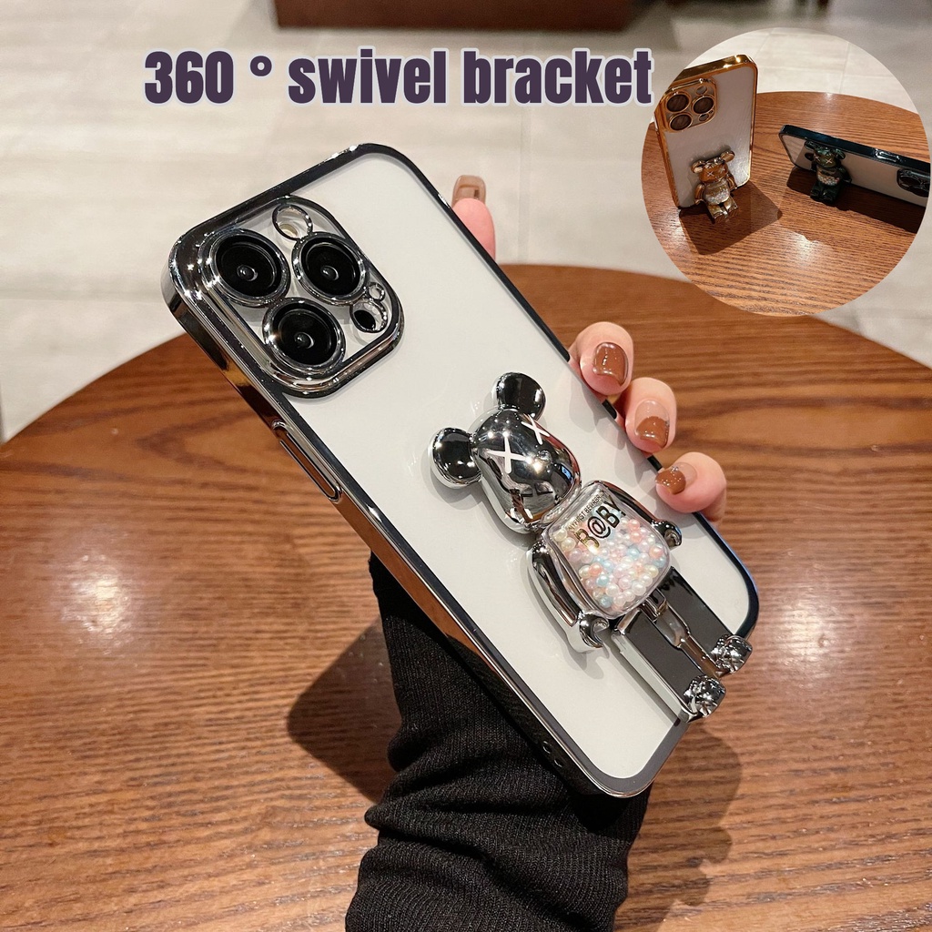 Case Pelindung Lensa Kamera 360 Untuk iPhone 13 11 12 Pro Max 14 Pro Max Plus° Casing soft Case Belakang Bahan TPU shockproof Motif Beruang Putar Untuk Iphone X