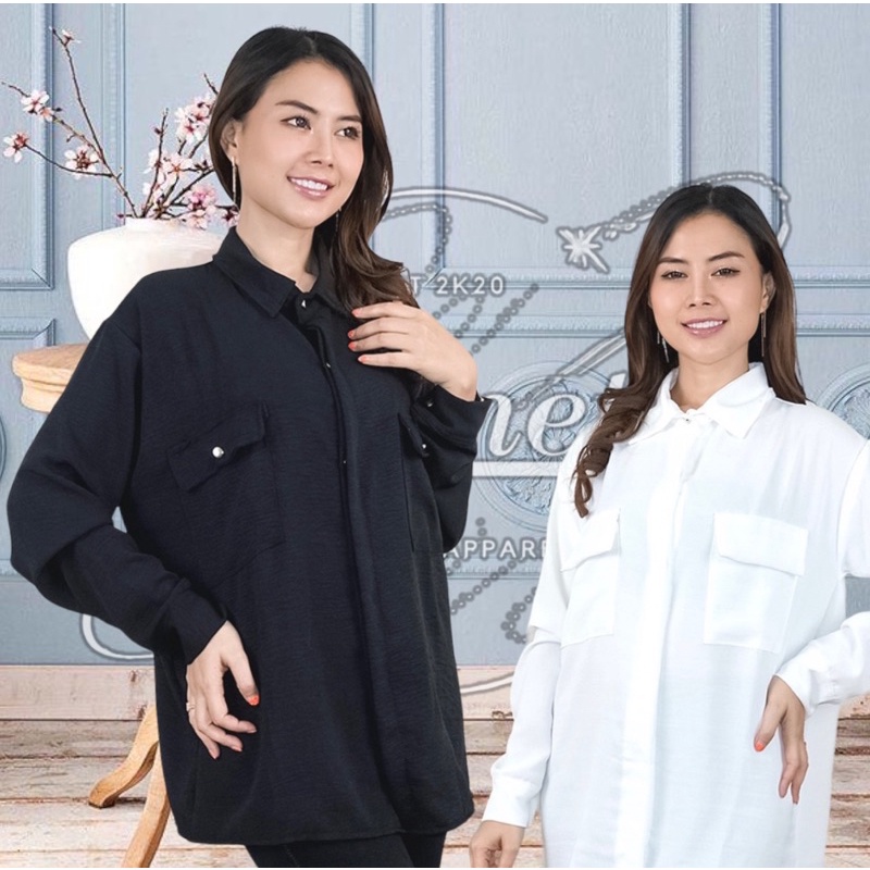 BLOUSE KEMEJA SAKU KOREAN BLOUSE CRINGKEL POLOS BASIC SHIRT OVERSIZE