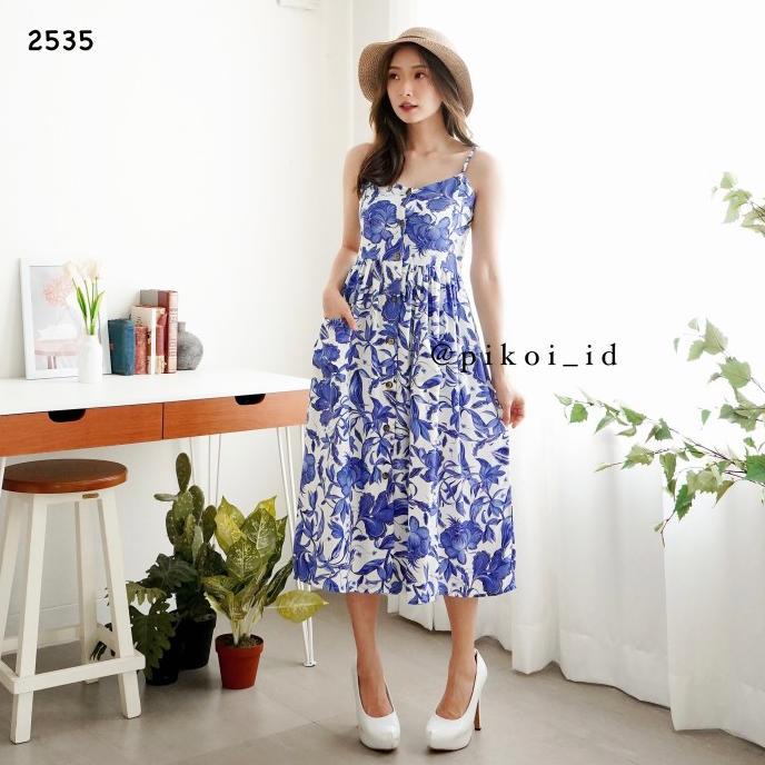 Terjangkau - Maxi Dress Wanita Katun Rayon Motif Bunga Biru / Tanktop Dress Hnm 