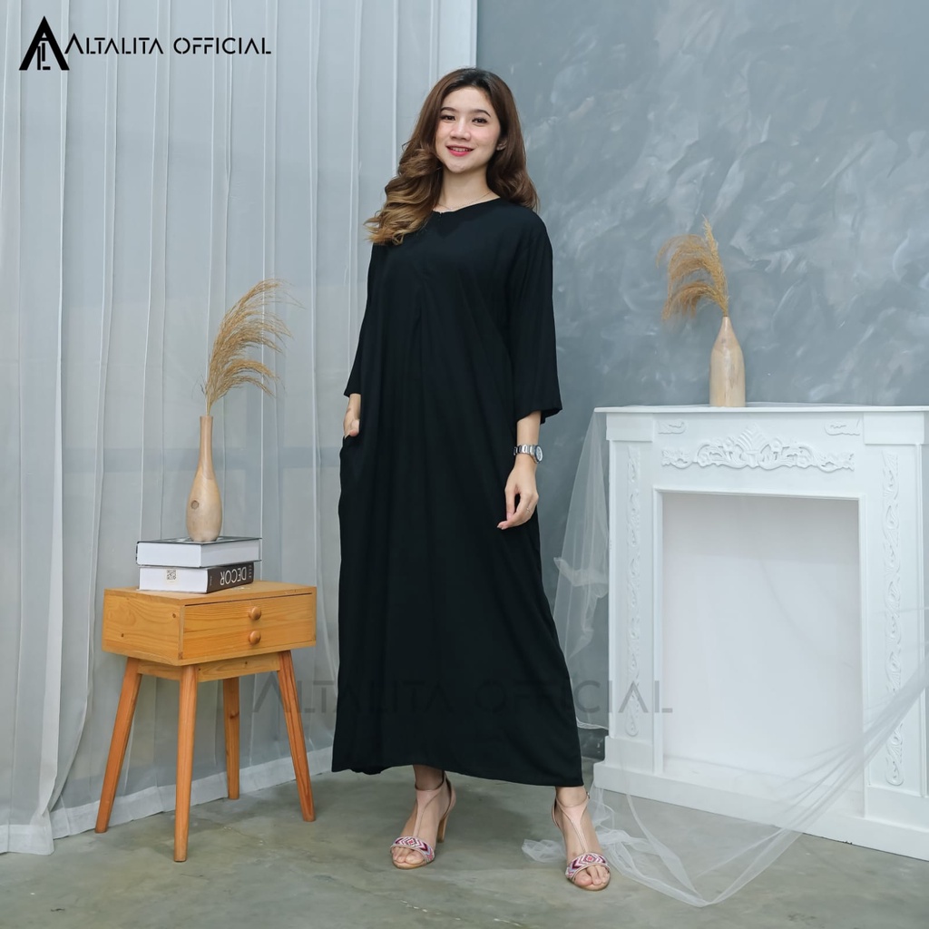 Altalita - Daster Gamis Rayon Polos Lengan Tangan Panjang 3/4 Long Dress Polos Jumbo LD 120 Home Dress Busui Lengan Panjang Semata Kaki Bahan Katun Adem Tebal Premium