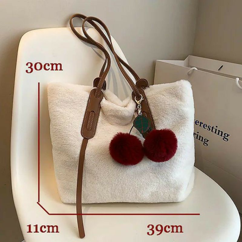 Tote Bag Wanita | Tote Bag Bulu | Sweet Cherry Pendant | Murah Bisa COD