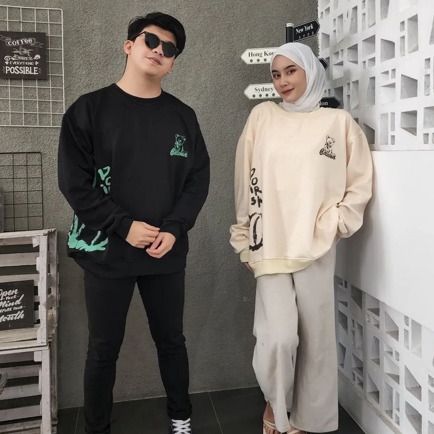 Sweatshirt Oversize Pria Wanita Motif Beear Crewneck Style Remaja Simple Fleece