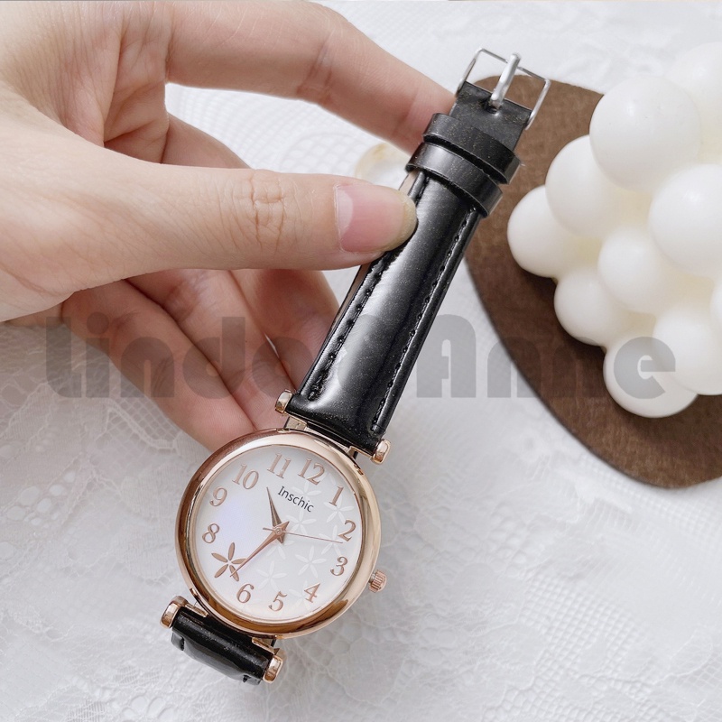 Jam Tangan Wanita Vintage Strap Pu Leather Analog Quartz Motif Bunga Tunggal