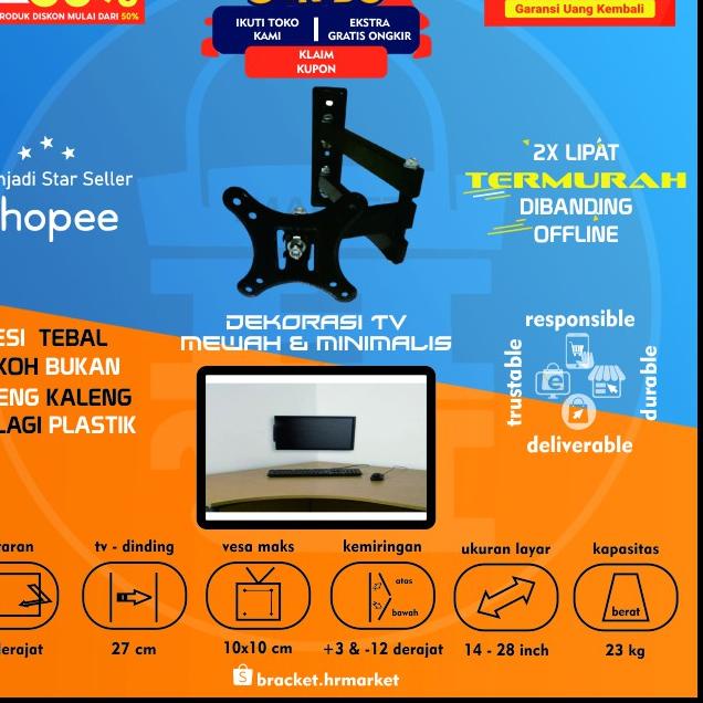 Bracket Monitor 24 19 21 17 Tv Led Braket Lcd Gantungan TV 14 - 28 Inch Swivel Wall Breket 2 Lengan