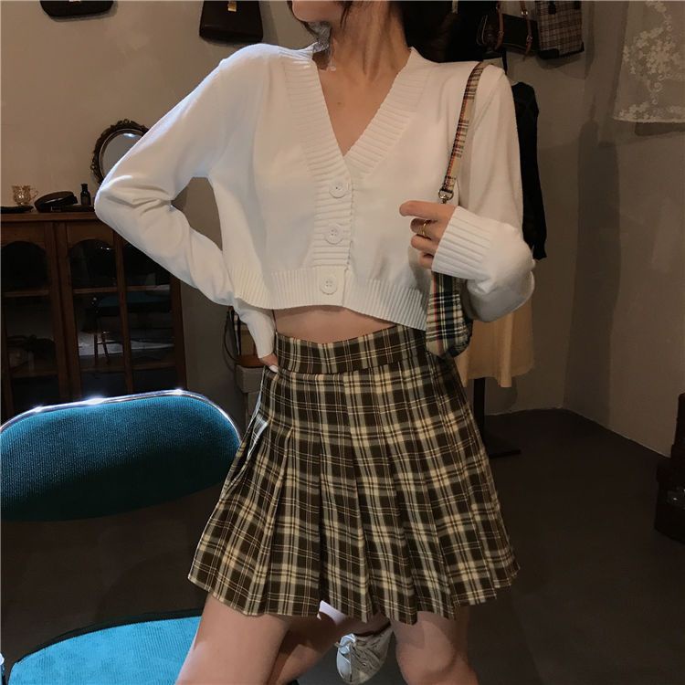 V-neck kardigan rajutan mantel pendek lengan panjang wanita 2022 musim semi dan musim gugur versi Korea baru dari atasan single-breasted pusar berpinggang tinggi