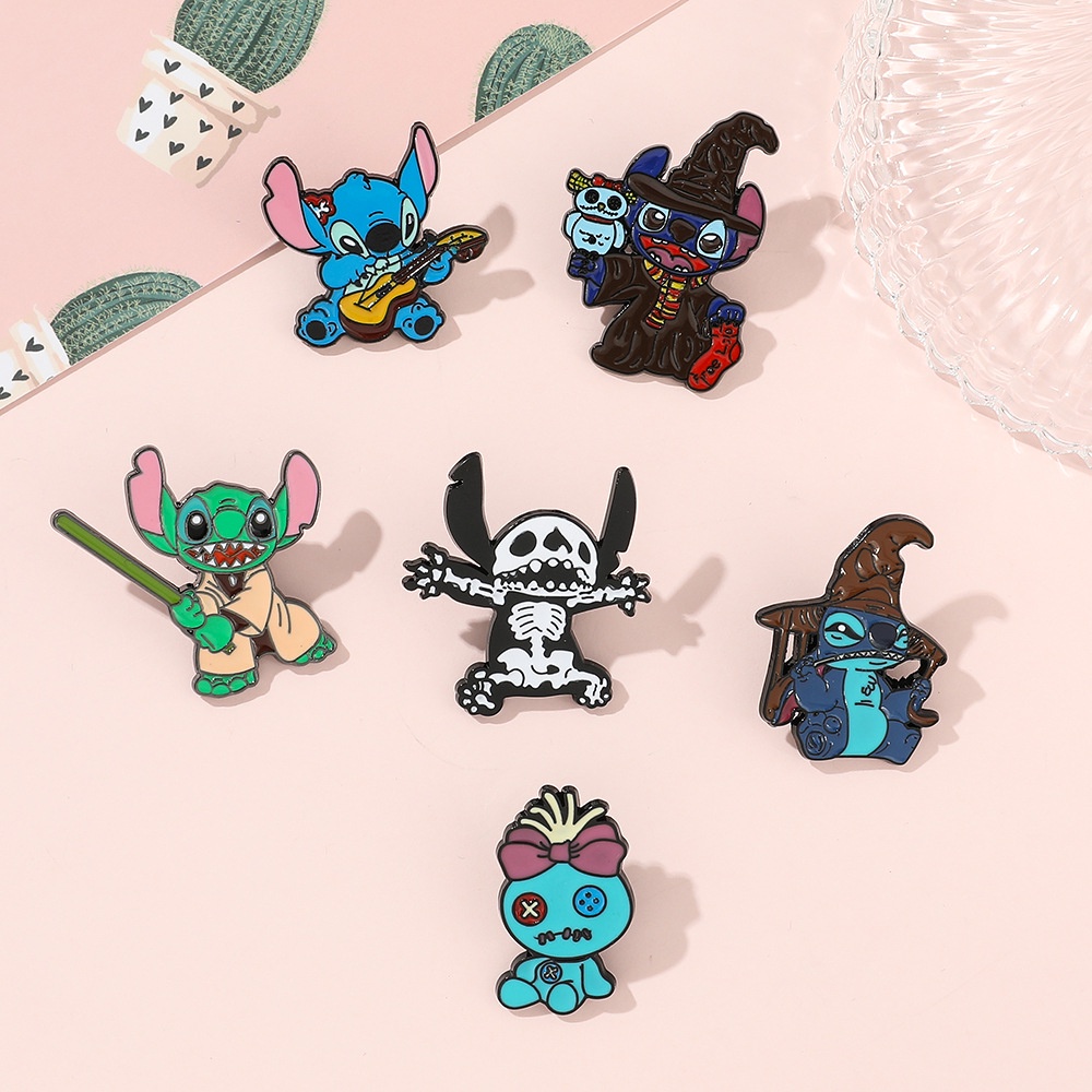 Kartun Stitch Logam Enamel Pin Anime Stitch Bros Lencana Lucu Badge Pakaian Lapel Pin Perhiasan Aksesoris