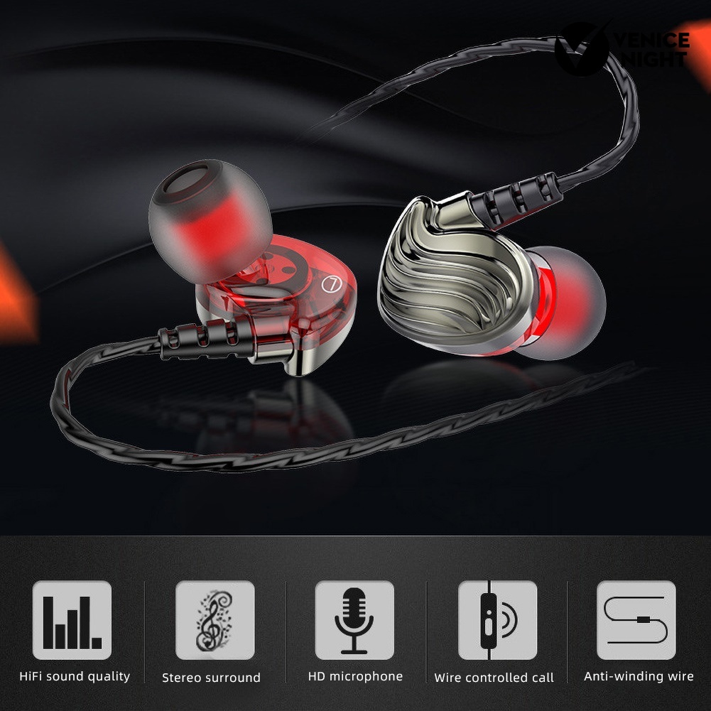 (VNEP) (Berkabel) S8 Quad-core Dual Moving Coil 3.5mm In-Ear HiFi 6D Earphone Musik Stereo