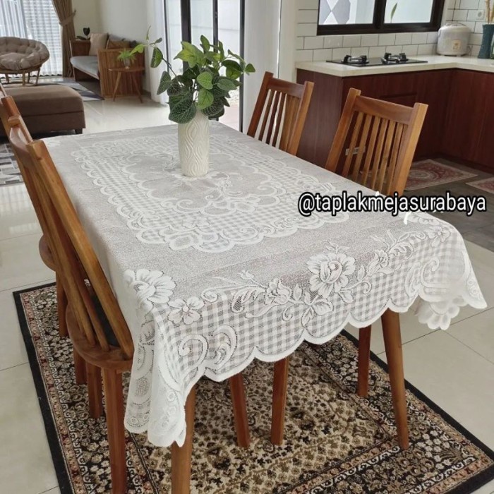 Taplak Meja Makan Warna Putih Klasik Kain Brukat Brokat Vintage Jadul