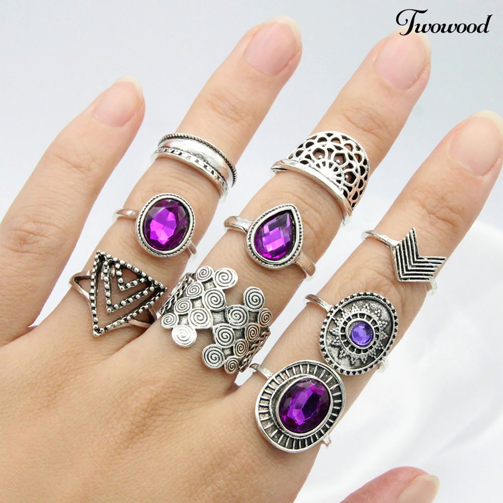 9 Pcs / set Cincin Knuckle Stackable Bahan Alloy Bentuk Water Drop Warna Ungu Gaya Bohemia