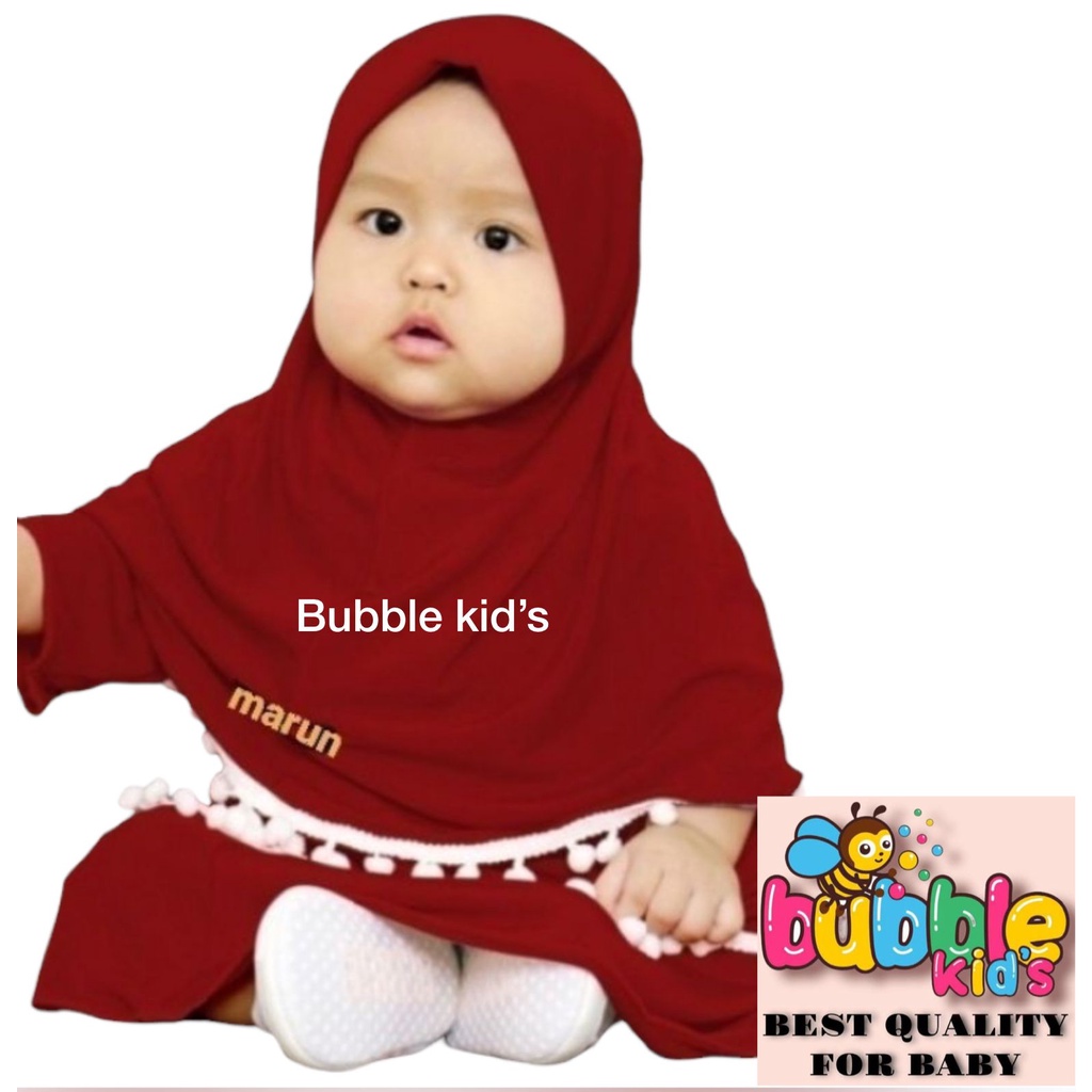 Gamis Hijab Bayi Renda Pom-Pom Pakaian Anak Balita Perempuan Katun Polos Gemoy mocca