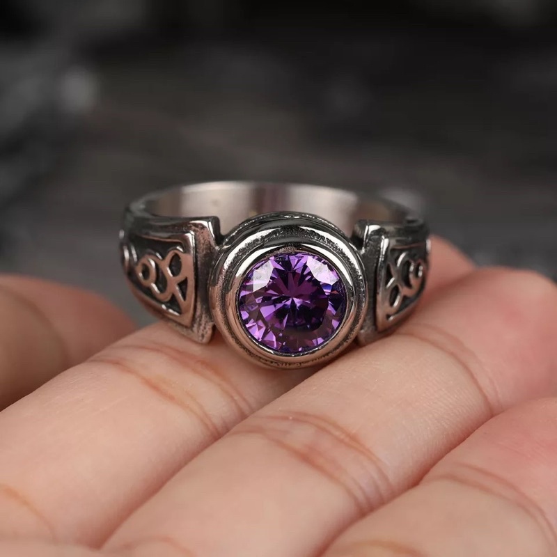 Cincin Batu Ametys Kecubung Ungu Ring Retro Minimalis Titanium Tahan Luntur dan Anti Karat