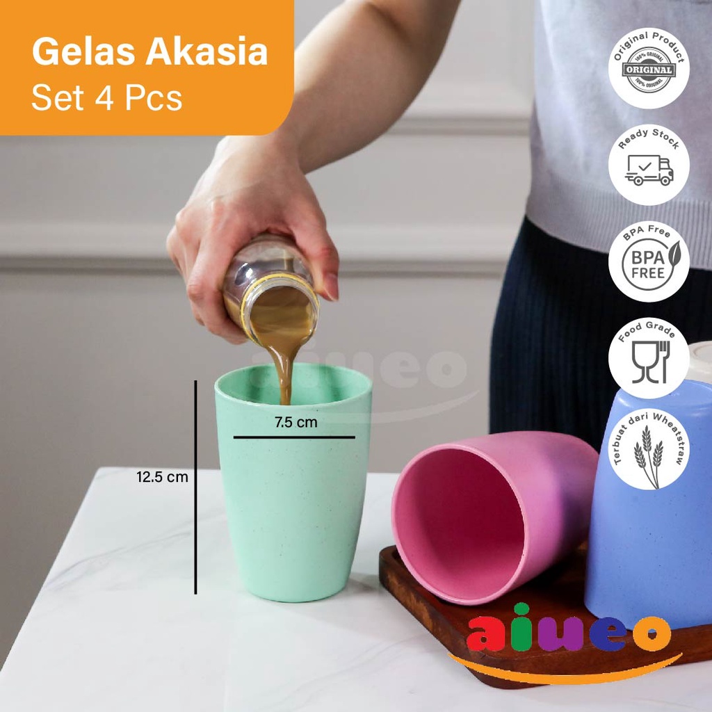 AIUEO Gelas Teh 11 cm Wheatstraw Cangkir Plastik Cup Gelas Susu Gelas Warna Warni Biru Pink Krem Hijau Ungu Pastel