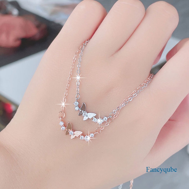 Fancyqube Kalung Rantai Klavikula Sterling Silver 925 Hias Liontin Kupu-Kupu Zircon Untuk Wanita
