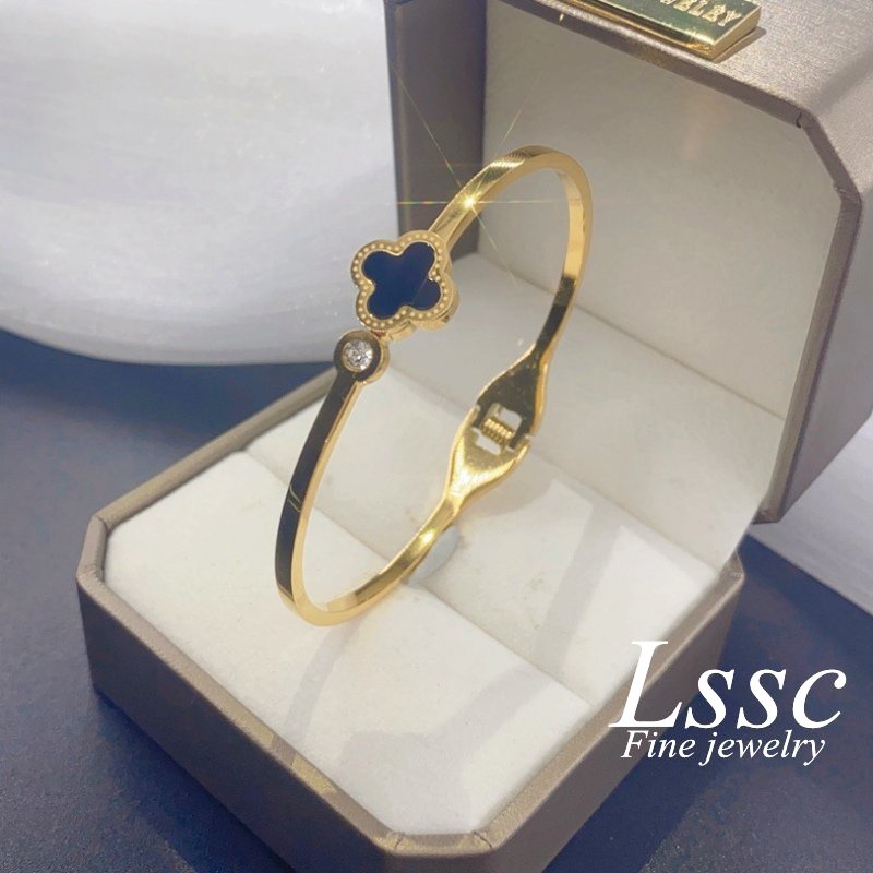 Gelang Titanium Semanggi Hitam Cantik Emas 18K Bangle Wanita Anti Karat Aksesoris Fashion Korea