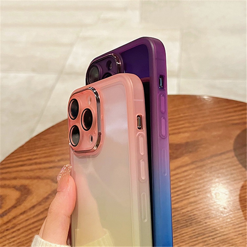 IPHONE Juji Casing Lensa Perlindungan Kamera Metal Mewah Untuk Iphone14 Pro Max Plus Case Iphone13 12 11 Pro Max Bergaya Dua Warna Gradasi Transparan Shockproof TPU Soft Case