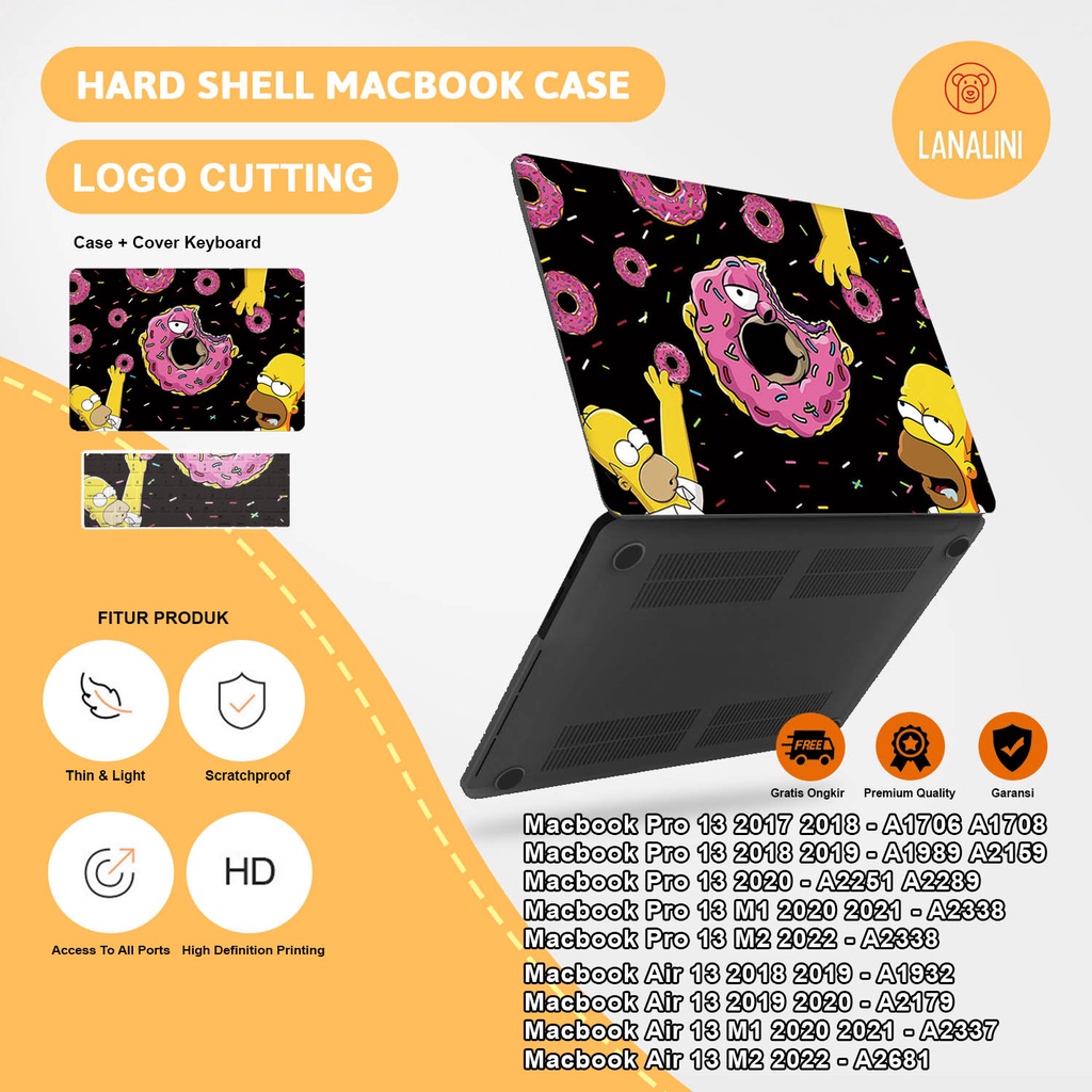 Case Casing Protective Pelindung Laptop Macbook Air Pro 13 M1 M2 2017 2018 2019 2020 2021 A1932 A2681 A2179 A2337 A1706 A1708 A1989 A2159 A2251 A2289 A2338 Gambar kartun Cartoon Donat Warna hitam pink kuning Motif Lucu Hardcase Murah