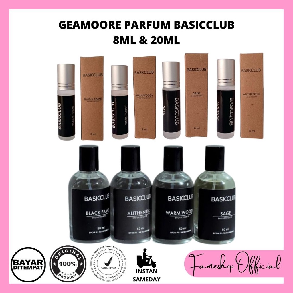 Geamoore Parfum BASICCLUB Roll On 8ml &amp; Spray 50ml / Farfum Unisex Pria Wanita Cewek Cowok Tahan Lama Murah BPOM