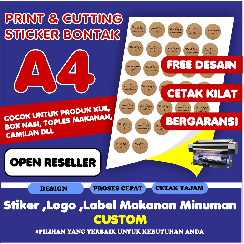 

Cetak Sticker Bontak A4 Anti Air Untuk Label Makan & Minuman Custom