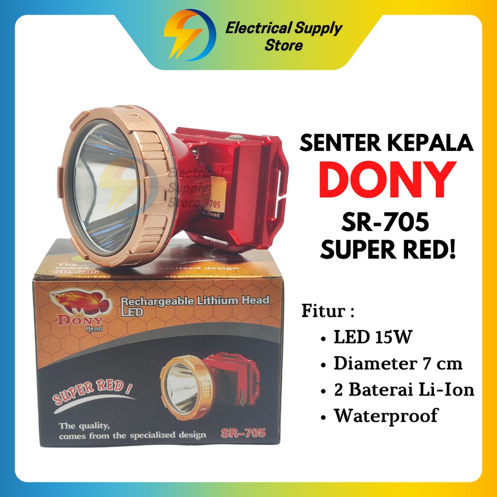 SENTER KEPALA DONY SR-705 SUPER RED! | Q-LED 15W | SUPER TERANG | 3 MODE | CAHAYA PUTIH DAN KUNING