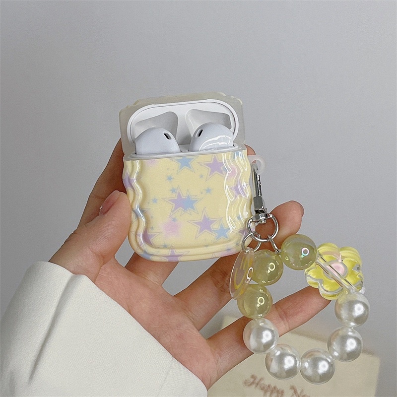 Pastel Yellow Star with Pearl Flower Chain Softcase for Airpods 1 2 Pro 3 Case Airpods Inpods TWS