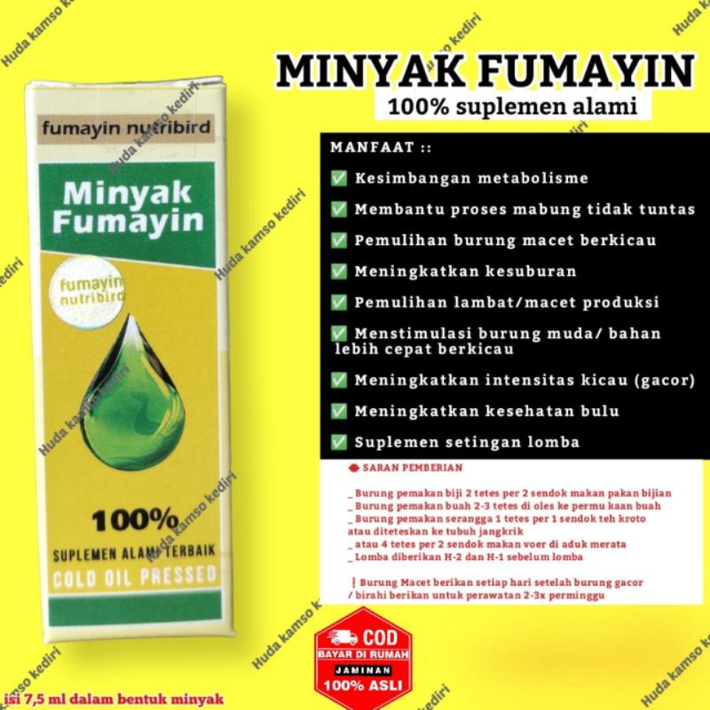 MINYAK FMYN + MINYAK FUMAYIN + PROTEIN NABATI UNTUK BURUNG + PENAMBAH BIRAHI BURUNG + PENGGACOR BURU