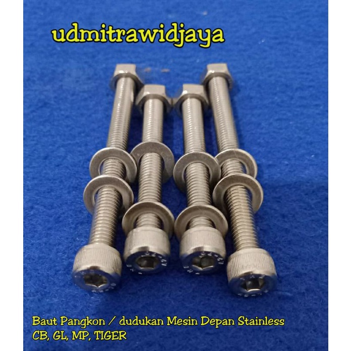 Baut L stainless SS Pangkon mesin depan Dudukan mesin CB, GL, MEGAPRO, TIGER 1set baut + mur + ring cod termurah baut asli tahan karat THE A2-70 baut pangkon mesin cnc honda cb herex gl100 glpro tiger megapro