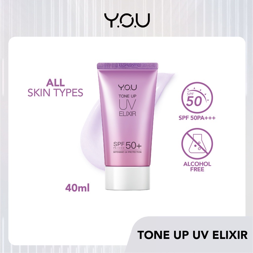 YOU Tone Up UV Elixir SPF 50+ PA++++ Indonesia / Sunblock Wajah 40ml / Intensive UV Protection / Brightening / UVA UVB Blue Light / SunCare Sun Care Sunscreen Tabir Surya Sunblok / Pelindung Sinar Matahari / Skincare Face / Triple / Y.O.U Series Paket