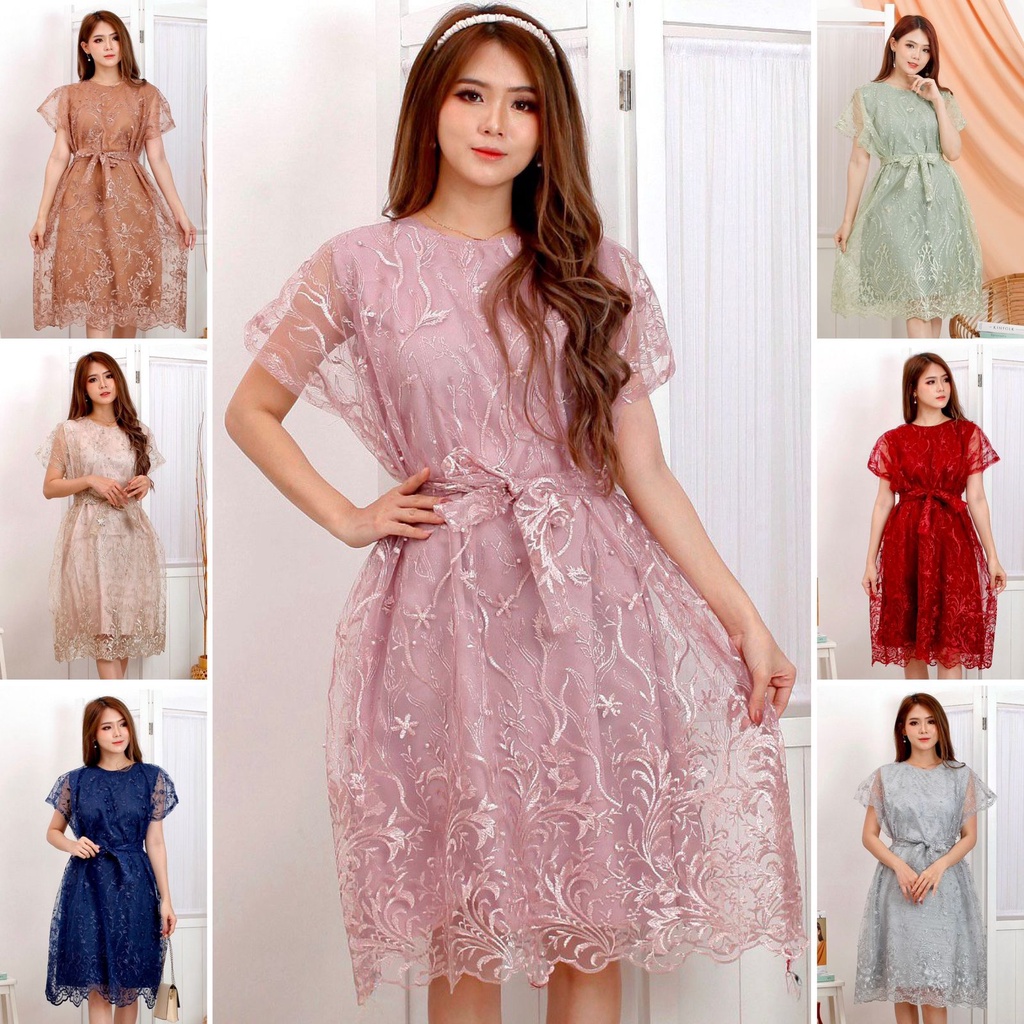 (Pasti Real) Dress Jovita Brukat Bordir Tullle Glitter Mutiara Brokat Tille Brokat Tile Dres Mewah