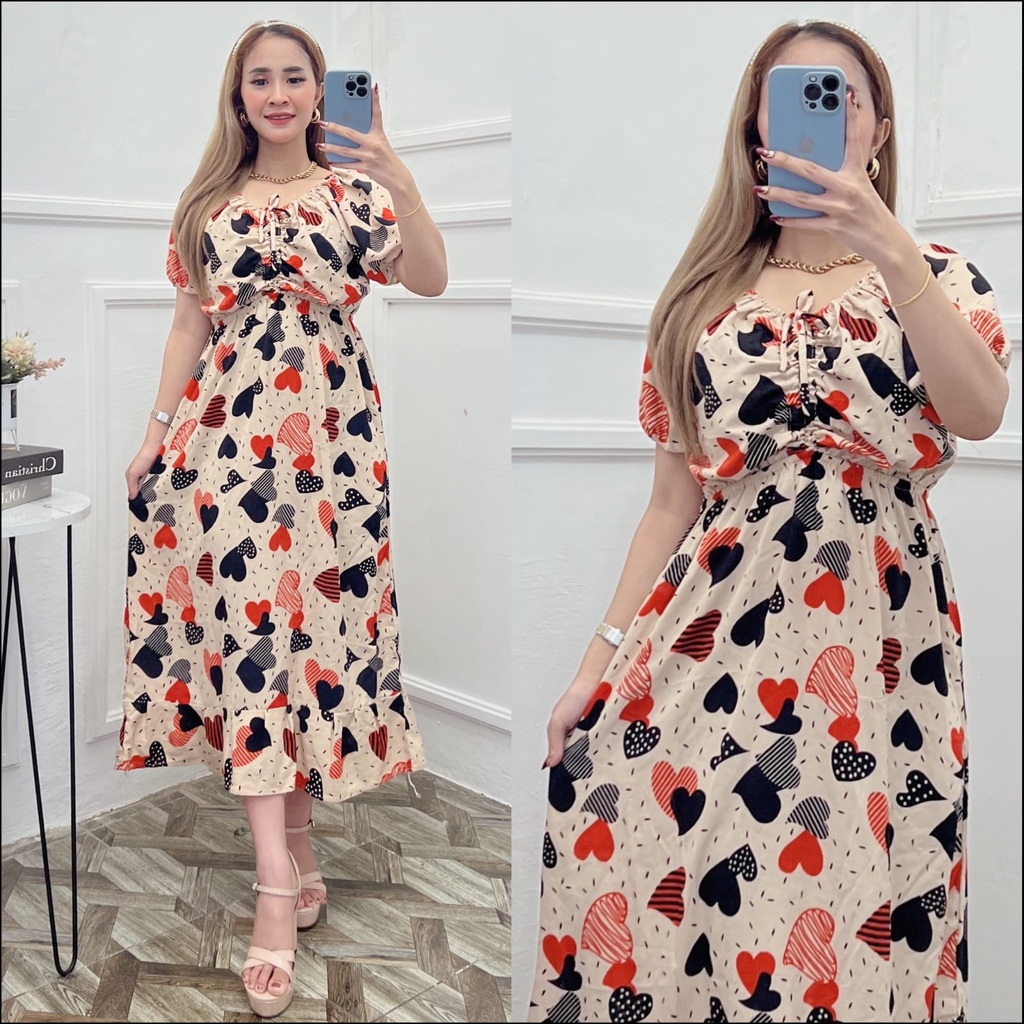 DASTER SERUT ELSA MOTIF LOVE DRESS WANITA VIRAL KEKINIAN DASTER KEKINIAN TERBARU TERLARIS DASTER RAYON