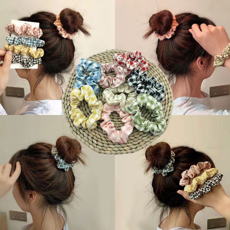IKAT RAMBUT PONYTAIL ELASTIS MOTIF KOTAK-KOTAK BAHAN KATUN LINEN