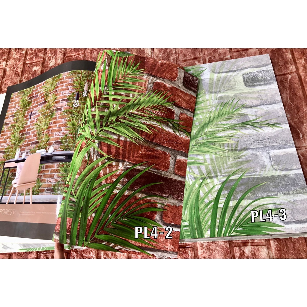 Wallpaper Dinding Daun Hijau Bata Merah Putih Abu 3d Polaris