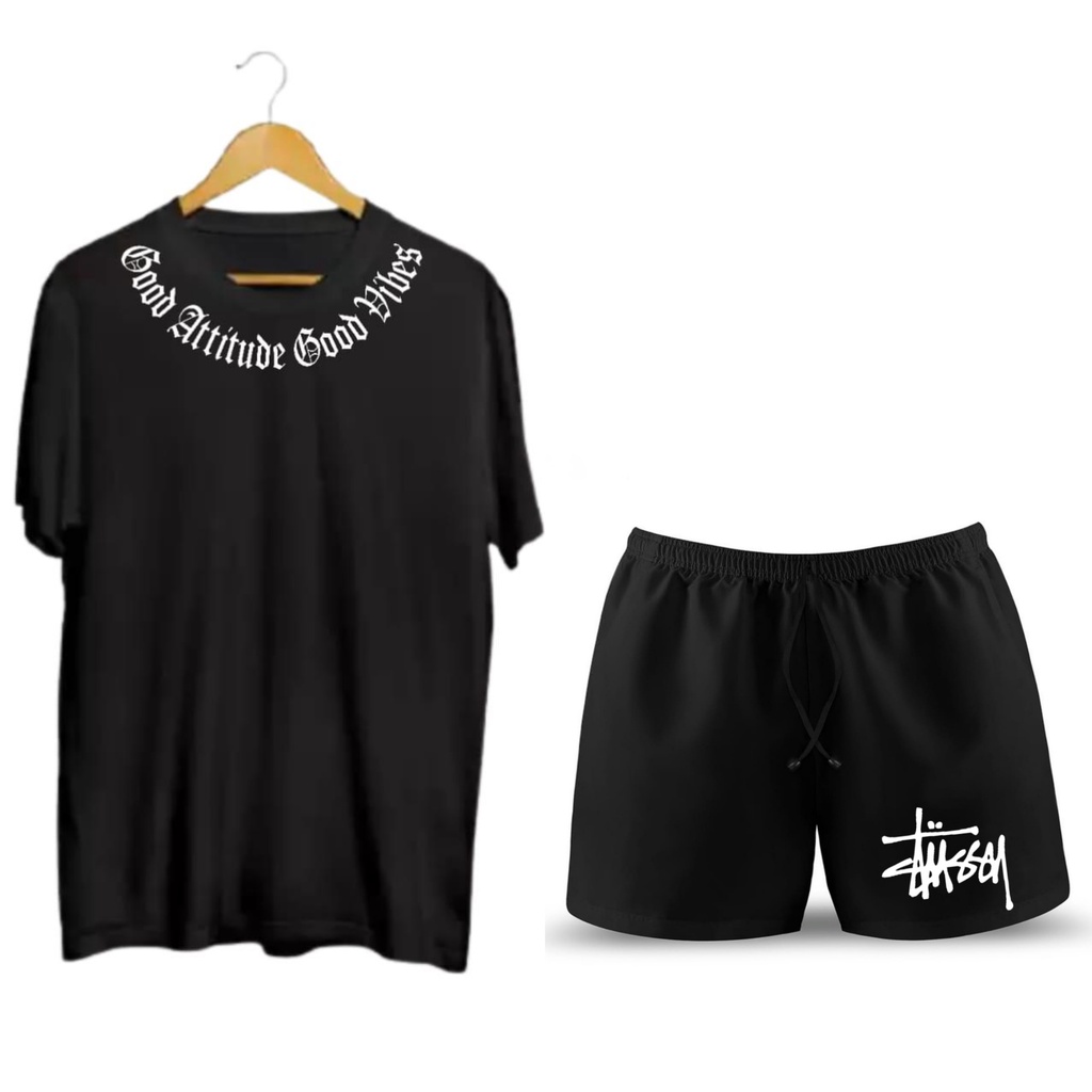 SETELAN DISTRO KAOS DAN BOXER TERBARU BAHAN TEBAL ORYGINALKAOS GOOD ATTITUD GOOD VIBES-GA HITAM STUSSY
