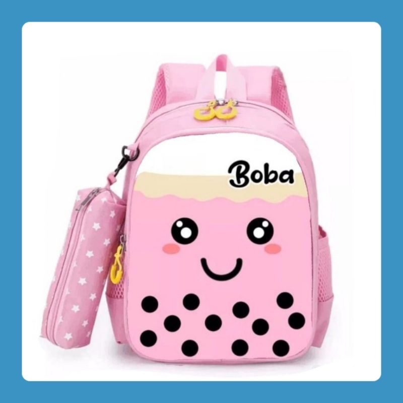 EMOEMO-Tas Boba-Tas Ransel Anak Sekolah Unisex Untuk TK dan SD Karakter Motif BOBA Fashion Trend Kekinian + FREE Tempat Pencil