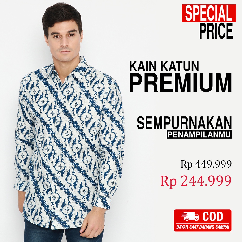 BAJU BATIK PRIA Kemeja Lengan Panjang Slimfit Motif Lereng Putih Biru 721096 Cap 72 - Baju Kemeja Atasan Pakaian Setelan Batik Pria Cowok Laki Laki Remaja Keluarga Kantor Lengan Panjang Modern Slimfit Slim Fit Premium Kekinian