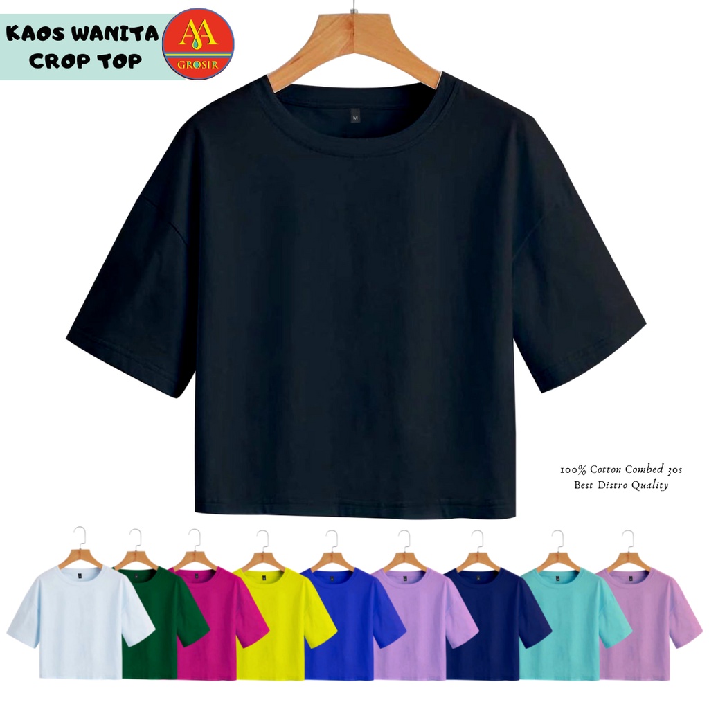 Basic Kaos Crop Top Wanita Dewasa Polos Lengan Pendek Cotton