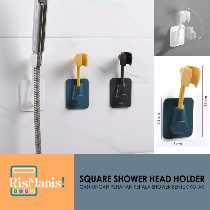 SQUARE SHOWER HEAD HOLDER - Gantungan Tempel Persegi Penahan Kepala Shower Kamar Mandi Hook Perekat Kuat Hanger Kotak Toilet WC Rotasi 360 Derajat Flexible