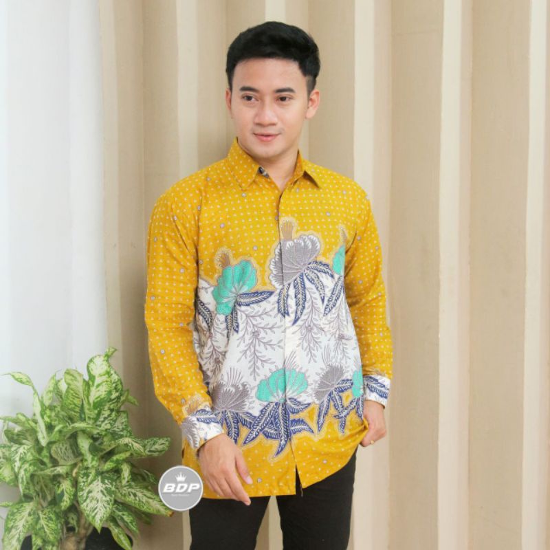 ATASAN KEMEJA BATIK PRIA COWOK BIG SIZE JUMBO M L XL XXL LENGAN PANJANG SIMPLE FORMAL WARNA KUNING K