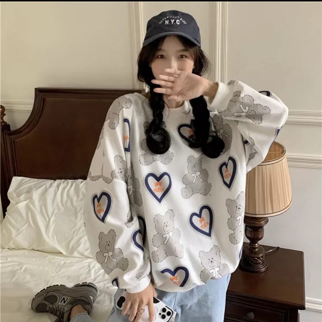 Sweater Wanita Oversize | LOVE BEAR FULL PRINT Sweater Korean Style Wanita