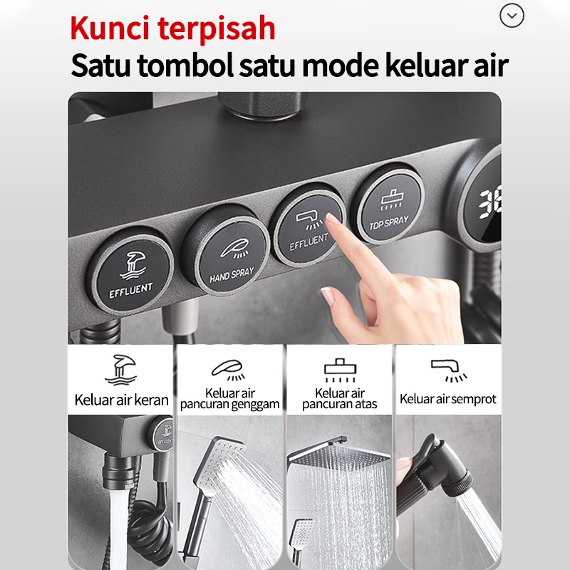 Shower Kamar Mandi 4 Dalam 1  tampilan digital suhu konstan Set Shower Dengan Faucet Sprayer Faucet Panas Dan Dingin Set Kamar Mandi Besi Tahan Karat Hitam