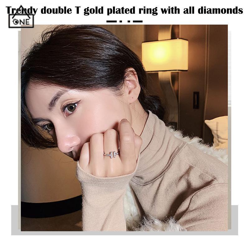 COD❤️Cincin Berlian Penuh T Ganda Trendi Cincin Berlian Berlapis Emas Wanita-A.one