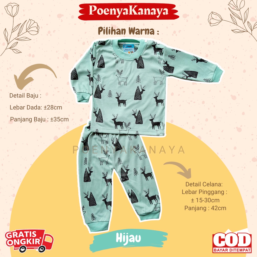 Setelan Baju Bayi Piyama Bayi Panjang RUSA WARNA Viori Size 6-18 Bulan SPY46