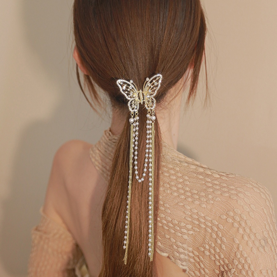 Jepit Rambut Model Butterfly Rumbai Aksen Mutiara Dan Berlian Imitasi Bahan Alloy Untuk Wanita