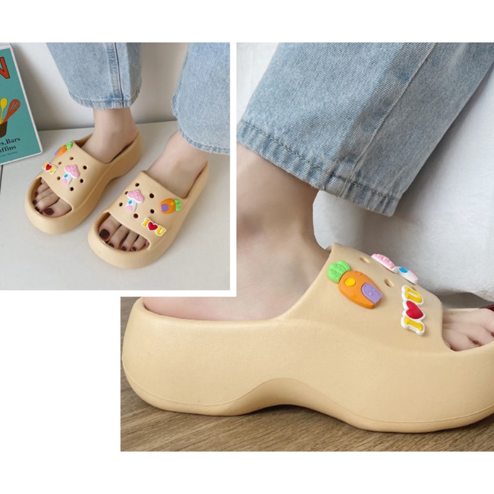 Sandal Wanita Selop Wedges Keren Anti Slip Motif Lucu Jibbitz SP61