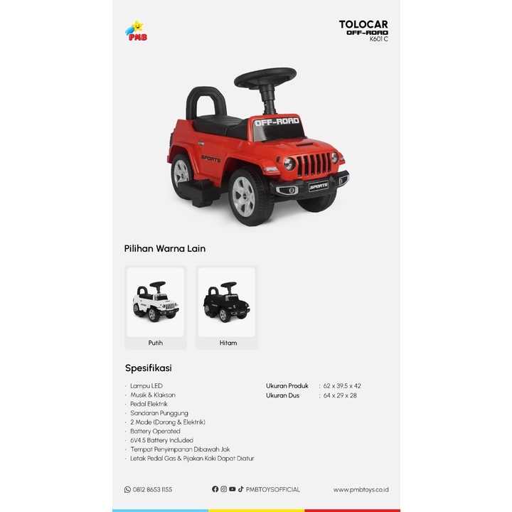 Mainan Mobil Listrik Anak Duduk Balita ToloCar Offroad K601 B C PMB