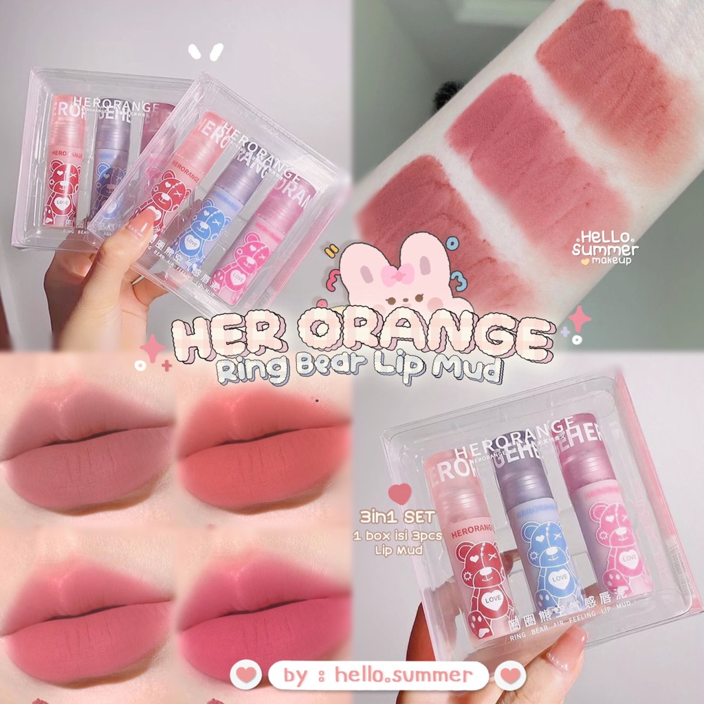 HER ORANGE Ring Bear Lip Mud Set 3in1 Matte Lipstick