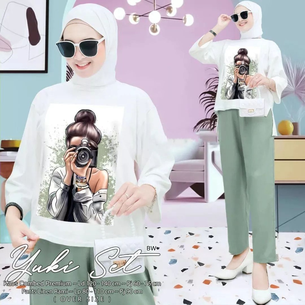 YUKI SET BAHAN KAOS KATUN COMBED 24s MOTIF POLOS APLIKASI SABLON UKURAN M L XL DAN XXL SETELAN KAOS COMBED WANITA JUMBO VIRAL SET WANITA CASUAL TERBARU 2022 ONE SET WANTA HIJAB KOREAN STYLE ATASAN DAN BAWAHAN  WANITA